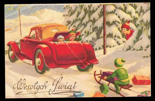 AK Noël: transport de cadeaux avec traîneau sur la voiture, WARSAU 21.12.36