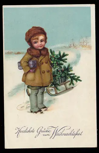 AK Noël: Petit garçon avec traîneau et trèfle chanceux, inutilisé