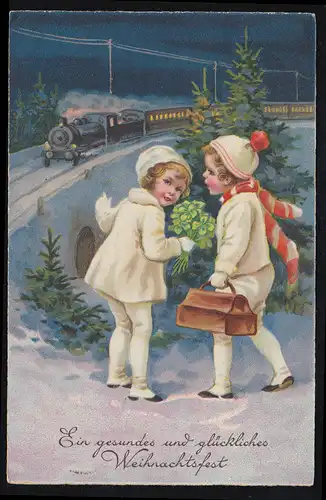 AK Weihnachten: Kinder warten mit Glücksklee auf die Eisenbahn, LEER 23.12.1936