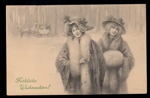 AK Noël: Femmes en manteaux de fourrure devant la diligence, WALLE / VERDE 26.12.06
