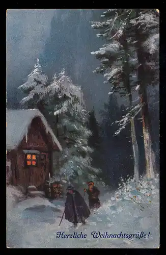 AK Noël: paysage hivernal de nuit couple devant la maison, non utilisé