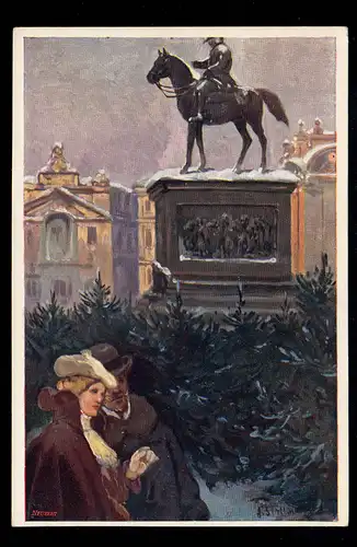 AK Noël: Adam Setkowicz: Couple en hiver avant monument, inutilisé