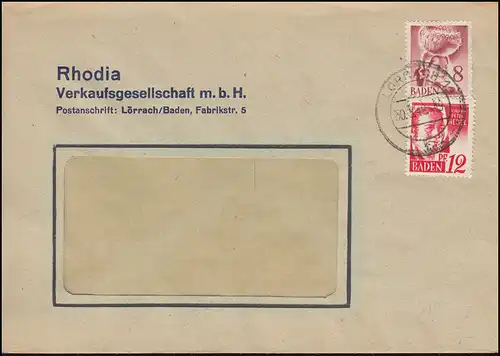 Franz. Zone Baden 32+18 Marques libres MiF sur la lettre de fenêtre LÖRRACH 30.3.1948