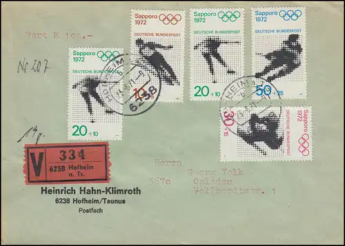 680-683 Bogenmarken Olympia-Satz als MiF auf Wert-Brief HOFHEIM 23.6.1971