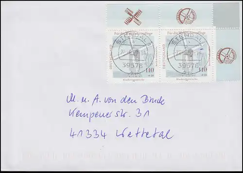 1950 Basse-Rhénanie Bockwindmühle ER-Paar ob. droite MeF Lettre STENDAL 26.6.02