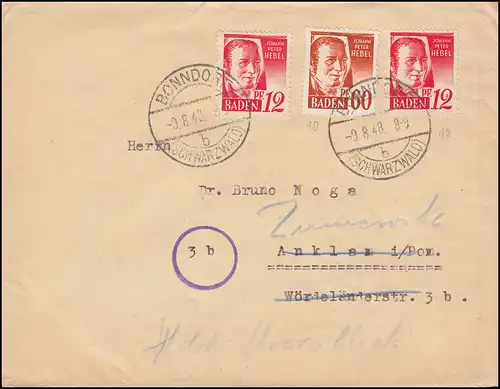 France - Zone Baden 10+18 timbres francs sur lettre BONNDORF (SCHWARZWALD) 9.8.1948