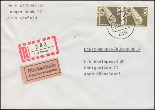 1138 IuT 300 Pf als senkrechtes Randpaar MeF R-Brief mit RS KREFELD 2.10.1991