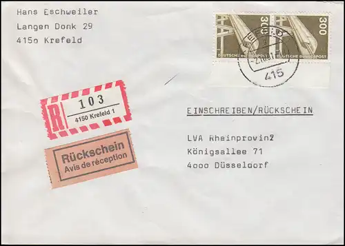 1138 IuT 300 Pf en paire de bordure verticale MeF R-Lettre avec RS KREFELD 2.10.1991