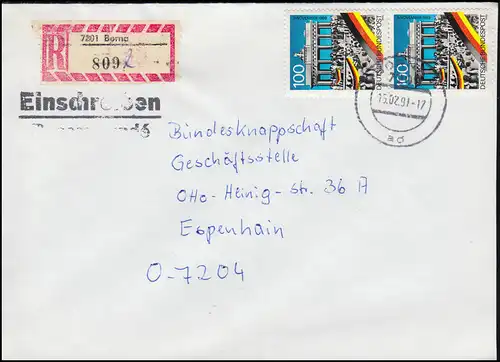 1481I Bogenmarke Grenzöffnung 100 Pf MeF R-Brief BORNA 15.2.1991 nach Espenhain