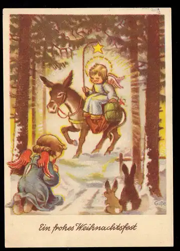 AK Noël: Ange priant avec des lièvres et des anges sur des ânes, KREFELD 24.12.1948