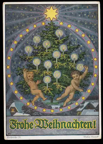 AK Weihnachten: Engel mit Weihnachtsbaum im Sternenkreis, MÜNCHEN 26.12.1935