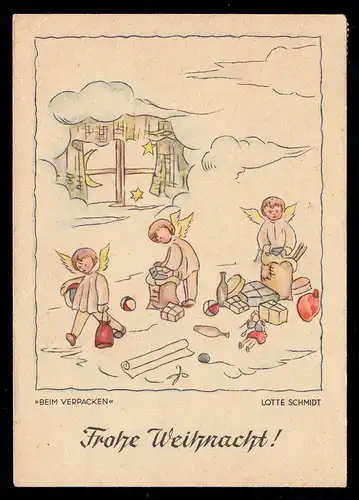 Lotte Schmidt AK Noël: Ange lors de l'emballage des cadeaux, KENDEICH 1948