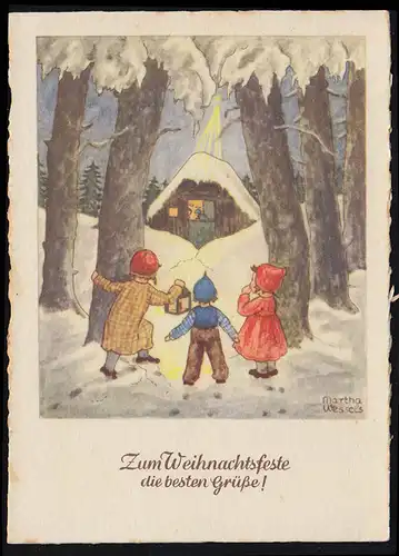 Martha Wessels AK Noël: Enfants dans la forêt avec maison, KIRCHHEIM 24.12.1942