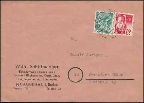 Franz. Zone Baden 16+18 Freimarken MiF auf Brief GAGGENAU (MURGTAL) 30.11.1948