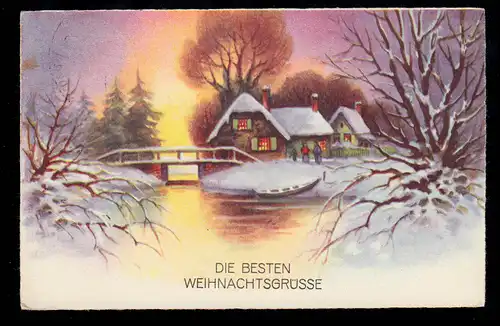 AK Weihnachten: Dorfidylle Sonnenuntergang Fluß Brücke, SSt PULSNITZ 24.12.1933