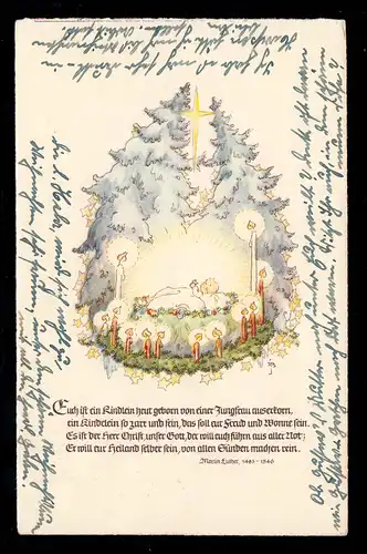 AK Noël: Le Christ dans la couronne de bougies Poème de Martin Luther, Post de chemin de fer 1951