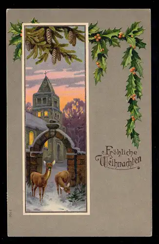 Österreich AK Weihnachten: Winterlandschaft Kirche Torbogen Rehe, 24.12.1917
