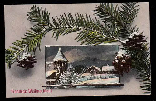 AK Weihnachten: Tannenzweig mit Zapfen um Landschaftsbild BERLIN 21 c 21.12.1911