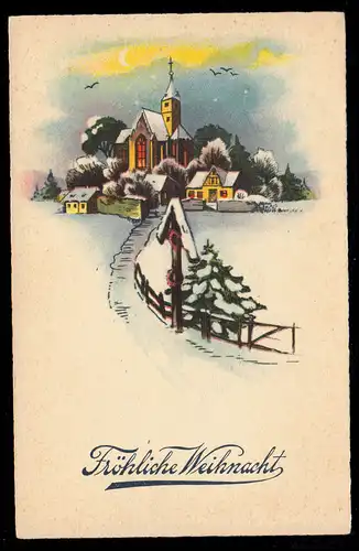 AK Noël: paysage hivernal avec village et croix de chemin, inutilisé