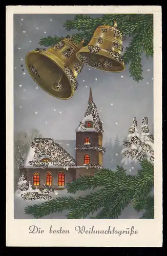 AK Noël: Église éclairée et deux cloches, SSt DINKELSBUCH 21.12.1954