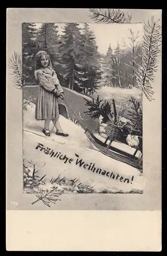AK Noël: fille souriante tire traîneau sur la pente, inutile