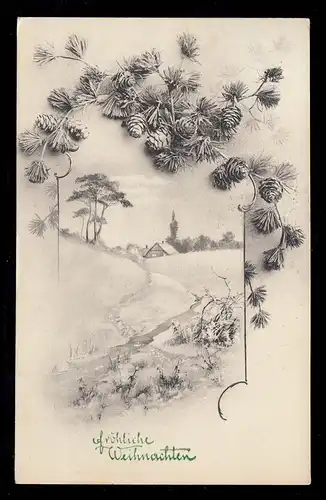 AK Weihnachten: Winterlandschaft im Rahmen aus Zweigen mit Zapfen, WIEN 21.12.12