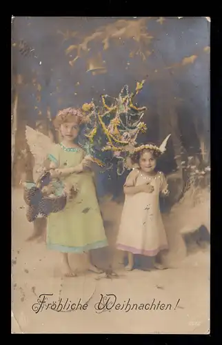 Photo AK Noël: Deux filles comme anges devant sapin BRANCHWEIG 23.12.13