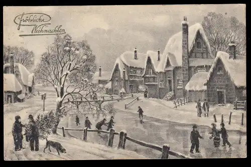 AK Weihnachten: Winteridylle beim Schlittschuhlaufen Eislaufen, WIEN 23.12.1914