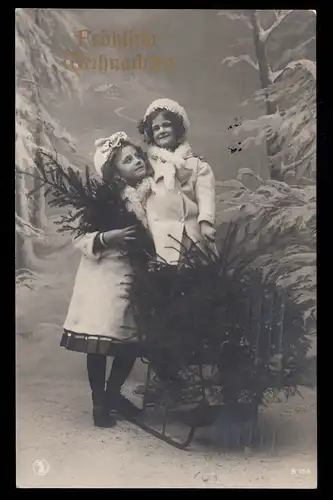 Photo AK Noël: Deux filles avec traîneau sapin, MUNICH 24.12.1909
