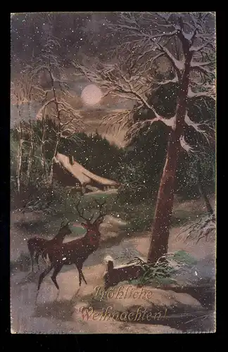 AK Noël: paysage hivernal de nuit, cerfs, maison, BREMEN 22.12.1913