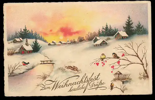 AK Weihnachten: Dorfidylle Sonnenaufgang Hase Vögel Brücke, ungebraucht