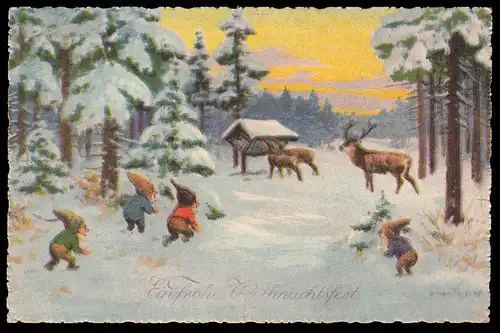 AK Weihnachten: Zwerge beobachten Futterstelle für Hirsche, ungebraucht
