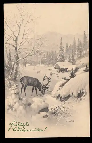 AK Weihnachten: Winterlandschaft Futterstelle Hirsch und Rehe MÜNCHEN 23.12.1908