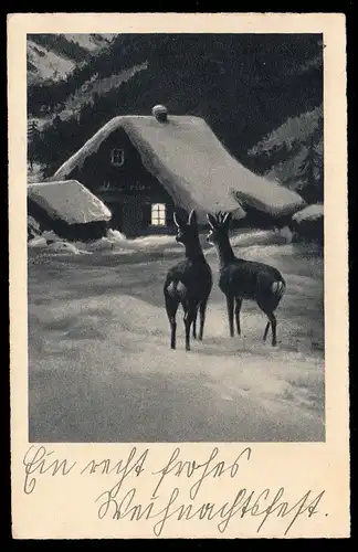 AK Weihnachten: Winterlandschaft bei Nacht Rehe vor Haus, ECKWARDEN 23.12.1941
