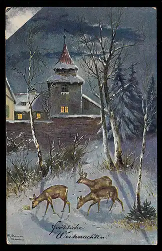 Künstler-AK Weihnachten: Winterlandschaft Kirche, Rehe, HATTINGEN 24.12.1906