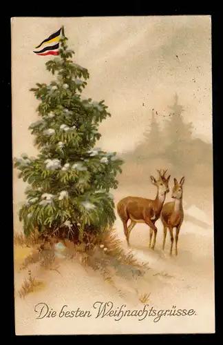 AK Noël: paysage hivernal dans le brouillard, sapin patriotique, COTTBUS 21.12.15