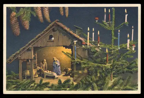 AK Noël: Crèche de Noël à côté de sapin, BOLZANAO / BOZEN 20.12.1954
