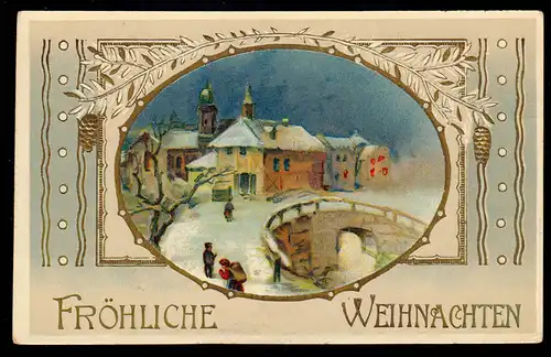 AK Weihnachten: Winterlandschaft Stadtidylle bei Nacht, ungebraucht