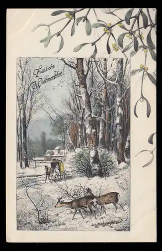 AK Weihnachten: Winterlandschaft mit Postkutsche Rehbock Reh, ungebraucht 