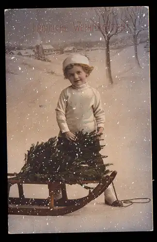 AK Noël: Fille avec sapin et traîneau dans la neige, HANNOVER 25.12.12
