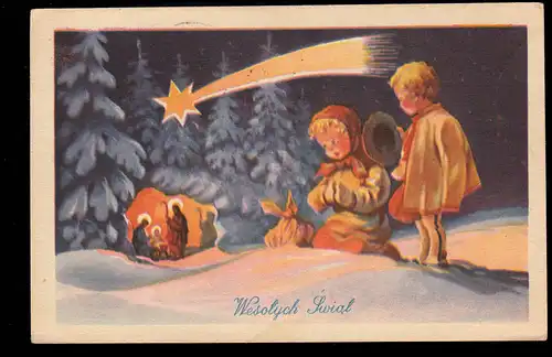 AK Noël: Enfants dans la scène de la crèche de l'étoile de forêt, Wroclaw/Breslau 11.12.1958
