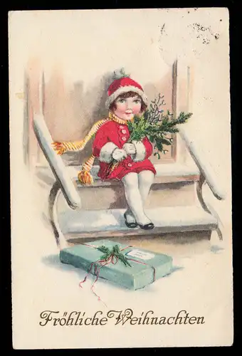 AK Weihnachten: Sitzendes Mädchen auf der Stufe mit Geschenk, BONN 24.12.1927