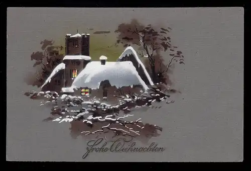 AK Noël: Église éclairée neigeux dans la nuit, inutilisé