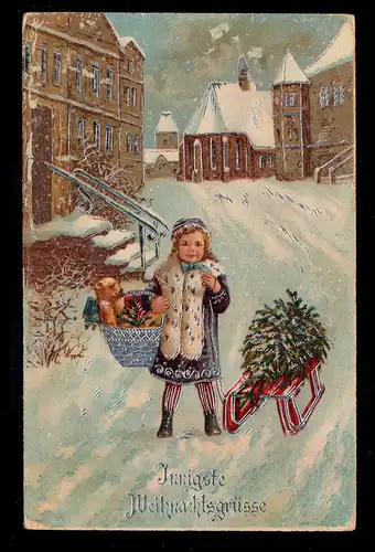 AK Noël: photo de rue avec des cadeaux de traîneau de fille, inutilisé