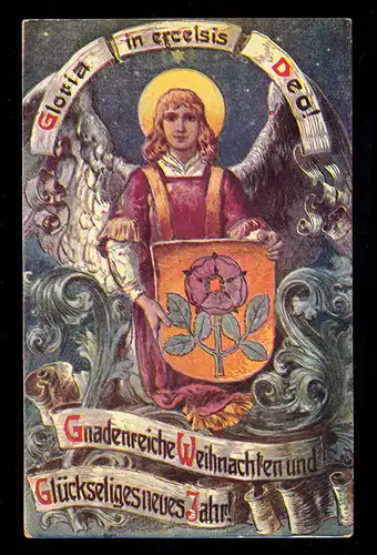 AK Weihnachten: Gloria in excelsis Deo! Engel mit Wappen, CREFELD 24.12.1910