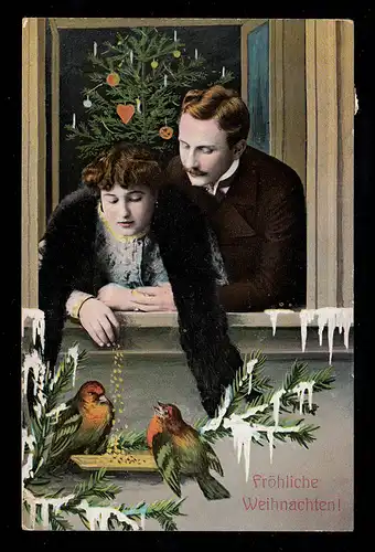 AK Noël: Les amoureux à la fenêtre nourrissent les oiseaux, PONTS DE SAAR 23.12.1908
