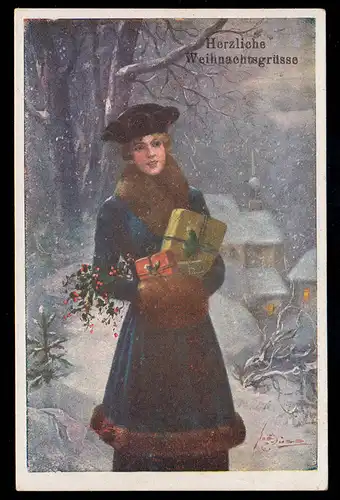 AK Noël: femme en manteau de fourrure avec des cadeaux, inutilisé