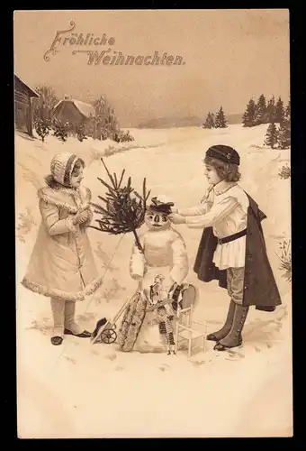 AK Noël: Les enfants ornent le bonhomme de neige avec des cadeaux, CREFELD 24.12.1907