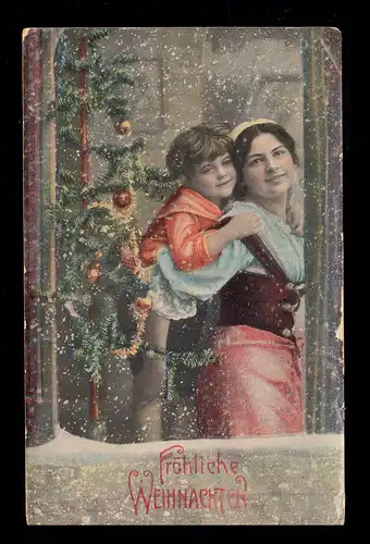AK Noël: femme avec fille et sapin de Noël à la fenêtre, inutilisé