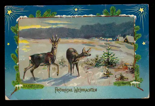 AK Weihnachten: Winterlandschaft mit Rehbock Reh Dorfrand, NÜRNBERG 10.12.1912
